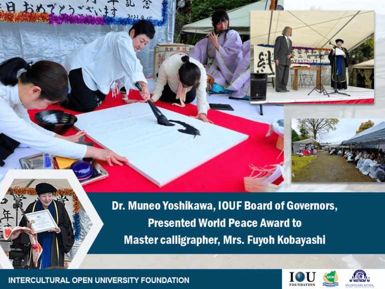 Dr. Muneo Yoshikawa, IOUF Board of Governors, Presented World Peace Award to Master Calligrapher, Mrs. Fuyoh Kobayashi