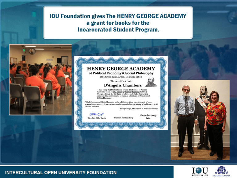 IOU Foundation gives The HENRY GEORGE ACADEMY a grant for books for the Incarcerated Student Program.